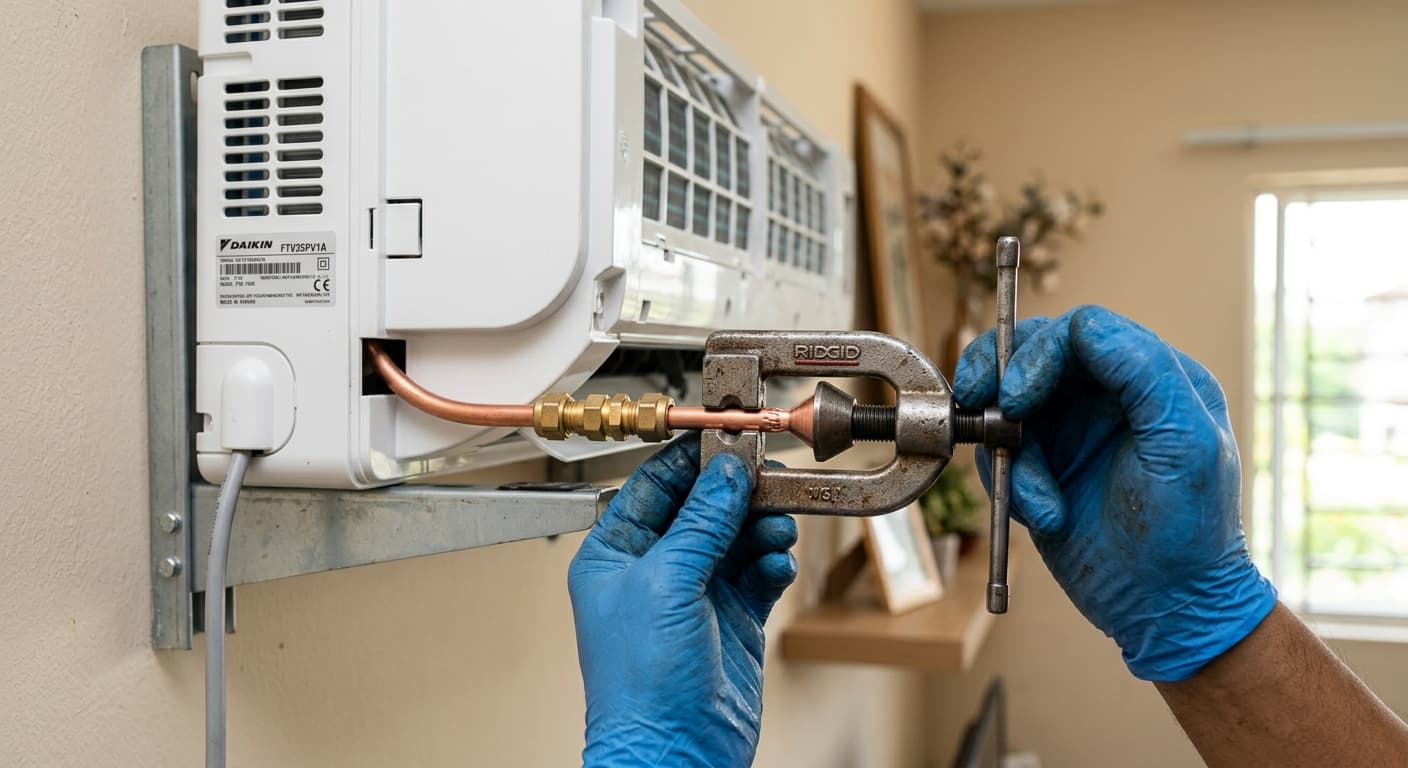 Tangan juruteknik pakar sedang memasang komponen aircond Daikin