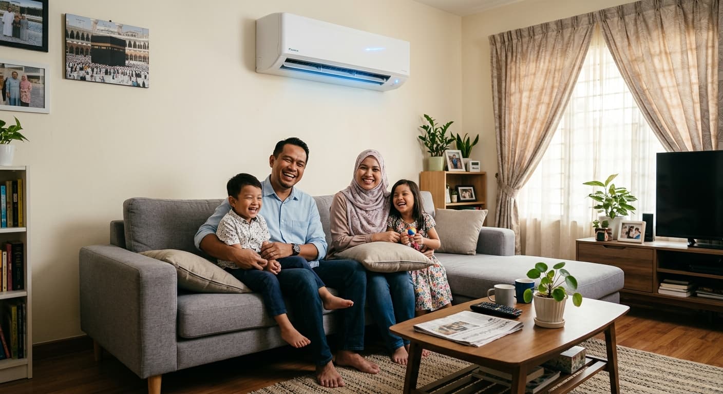 Keluarga gembira menikmati kesejukan aircond Daikin di rumah