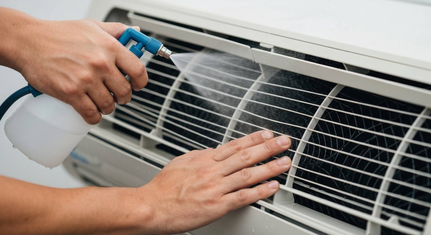 Juruteknik menyembur pencuci kimia pada gegelung aircond semasa chemical wash