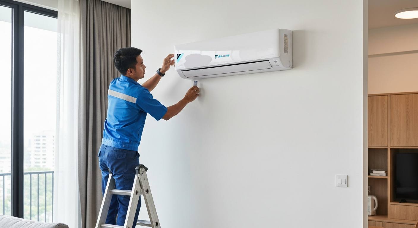 Juruteknik di atas tangga memasang unit aircond Daikin pada dinding ruang tamu